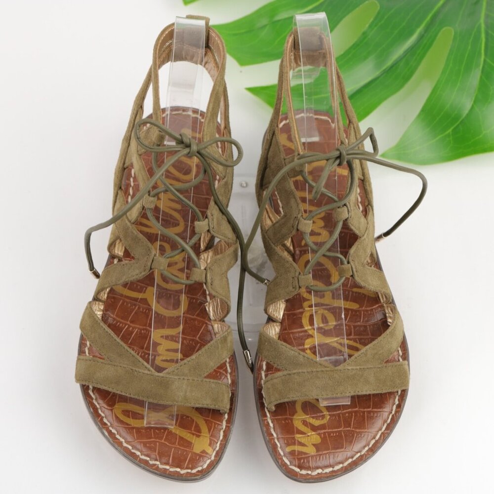 Sam Edelman Womens Gemma Sandals Size 5.5 Olive Green Suede Lace Up Flat Shoes - Picture 2 of 12